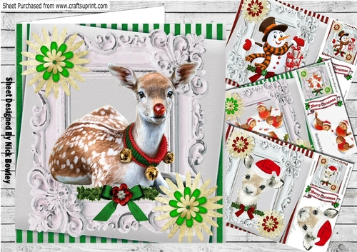 4 Cute  Christmas card fronts green/red  stripe ornate frames 8x8 mini kit
