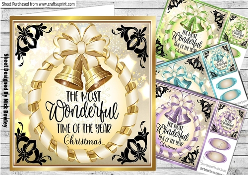  4 Elegant christmas Card fronts with bells 8x8 mini kit