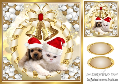 Cute puppy and kitten in red santa hats with gold bells 8x8