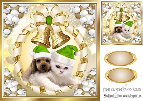 Cute puppy and kitten in green santa hats with gold bells 8x8