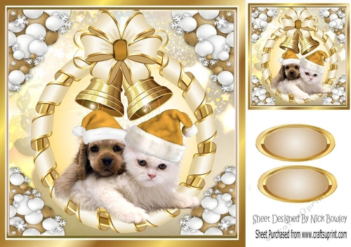 Cute puppy and kitten in gold santa hats with gold bells 8x8
