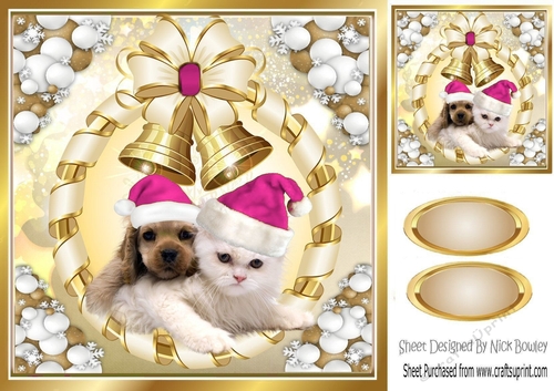 Cute puppy and kitten in cerise santa hats with gold bells 8x8