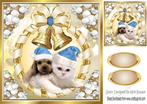 Cute puppy and kitten in blue santa hats with gold bells 8x8