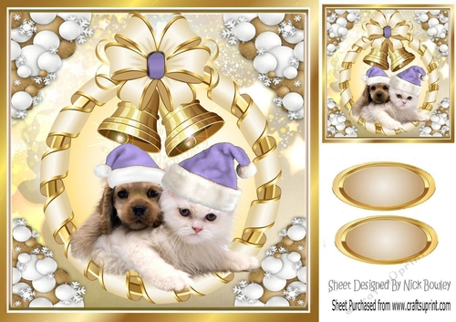 Cute puppy and kitten in purple santa hats with gold bells 8x8