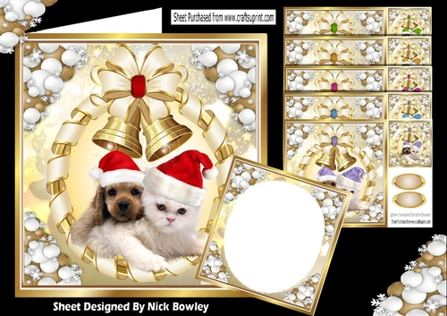  6 Cute puppy and kittens in santa hats card fronts with gold bells 8x8 bumper kit