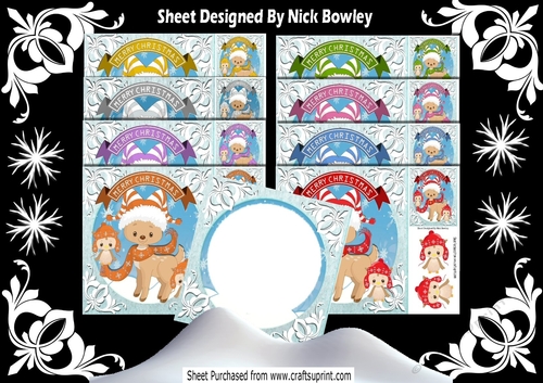  8 Cute reindeers in scarfs with owls card fronts 8x8 bumper kit