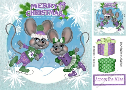 Cute pair of skating mice in purple with gifts 8x8