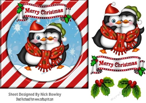 Cute pair of cuddle penguins in red stripe snow frame 7x7