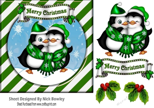 Cute pair of cuddle penguins in green stripe snow frame 7x7