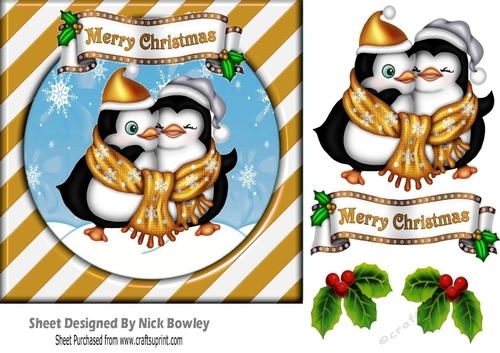 Cute pair of cuddle penguins in gold stripe snow frame 7x7