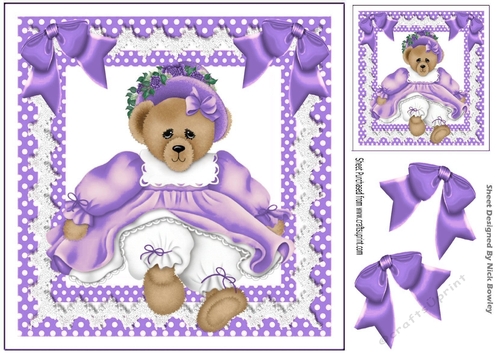 Cute teddy bear in lilac dress with bows 8x8