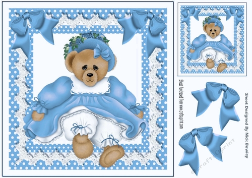 Cute teddy bear in blue dress with bows 8x8