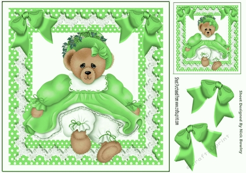Cute teddy bear in green dress with bows 8x8