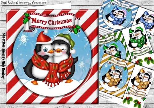  4 Cute pair of cuddle penguins colour stripe snow frame card/f 7x7 mini kit