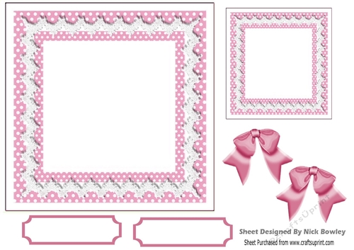 Lovely pink/white polkadot with lace & bows 7x7 card front/insert