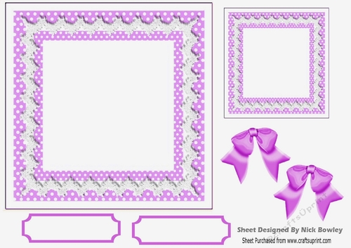 Lovely lilac/white polkadot with lace & bows 7x7 card front/insert