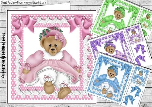 4 Cute teddy beas in  dresses with bows card fronts 8x8 mini  kit