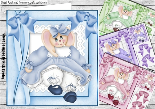4 Cute bunnies in coloured dresses with bows card fronts 8x8 mini kit