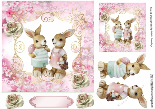 Bunny love tea party in floral pink frame with roses 7x7 