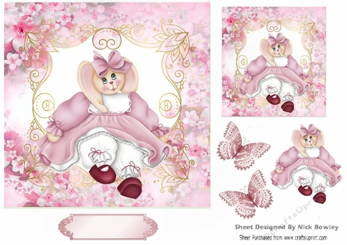 Bunny  in dress in floral pink frame with butterflies 7x7