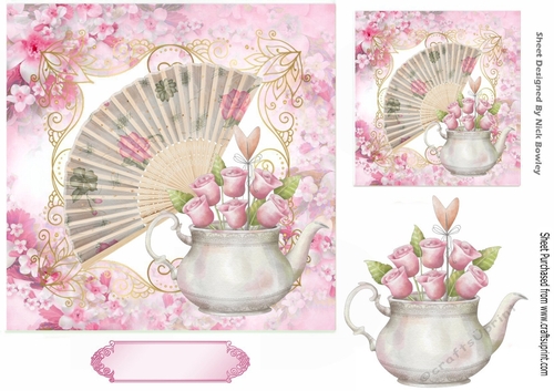 Pretty fan and flowers in pink ornate frame 7x7