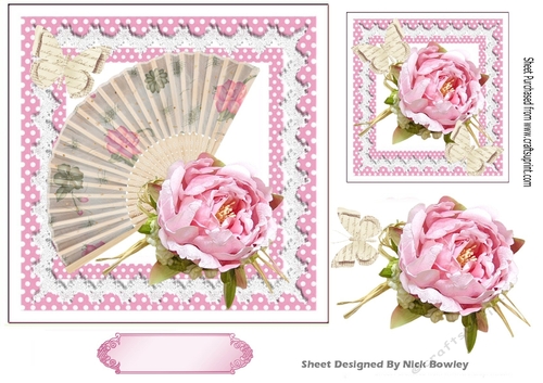 Fan with pretty pink roses and paper butterflies 7x7