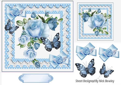 Pretty blue roses,blue butterflies in polkadot card front 7x7