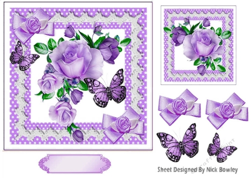 Pretty purple roses,purple butterflies in polkadot card front 7x7
