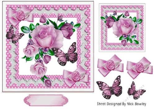 Pretty pink roses,pink butterflies in polkadot card front 7x7