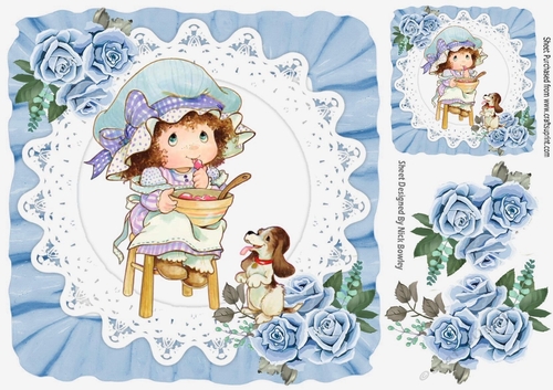 sweet little bonnet girl on lace with blue roses 8x8