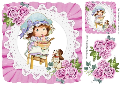 sweet little bonnet girl on lace with pink roses 8x8