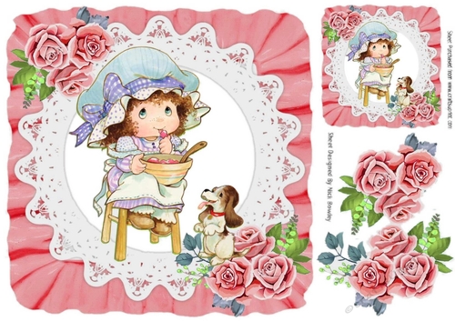sweet little bonnet girl on lace with rosey pink roses 8x8