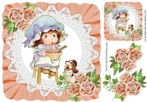 sweet little bonnet girl on lace with peach roses 8x8