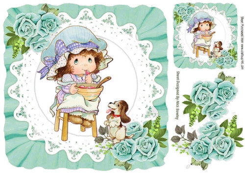 sweet little bonnet girl on lace with turq roses 8x8