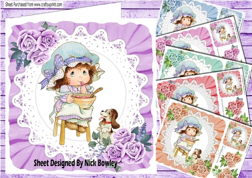  6 sweet little bonnet girl on lace with roses card fronts 8x8