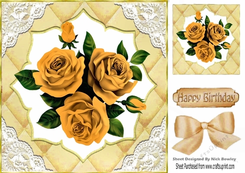 Pretty quilted effect card front in gold with roses and lace 8x8