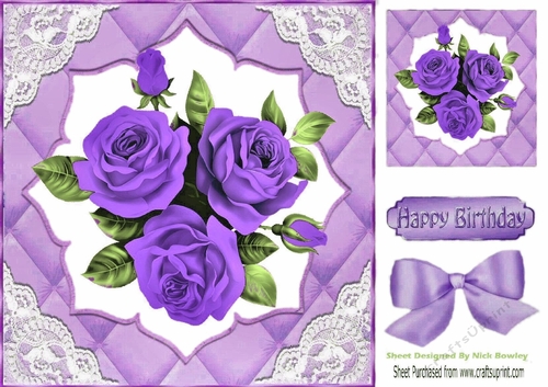 Pretty quilted effect card front in purple with roses and lace 8x8