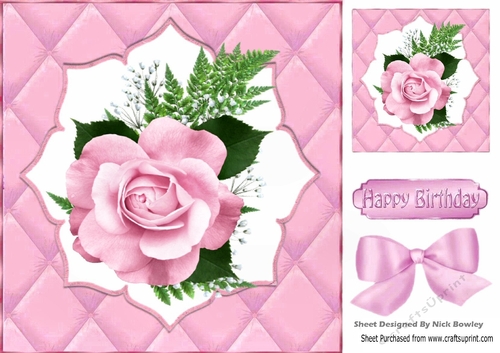 Pretty quilted effect card front in pink, with pink roses 8x8