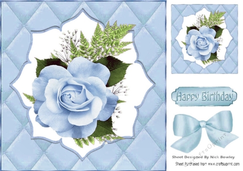 Pretty quilted effect card front in blue, with blue roses 8x8