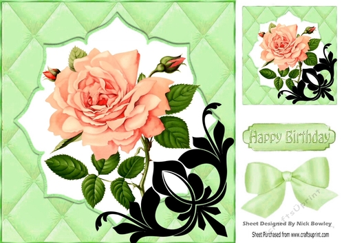 Pretty quilted effect card front lime green  with peach roses 8x8