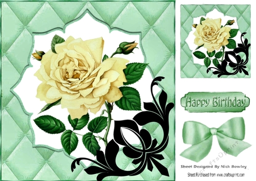 Pretty quilted effect card front in turq with cream rose 8x8
