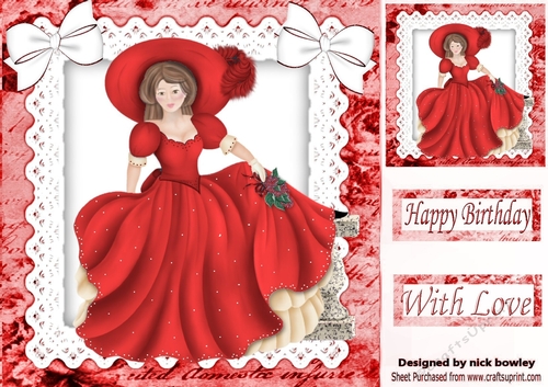 Lady in red, on lace ornate frame 8x8