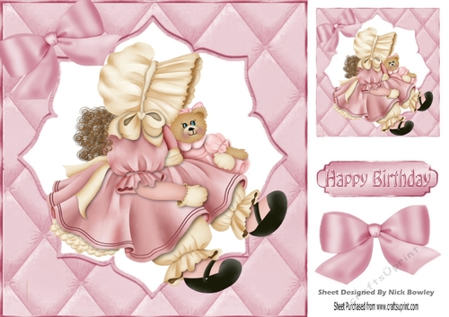 Little Bonnet girl with her teddy in pink quilt 8x8 frame