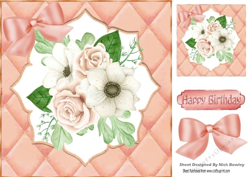 Pretty quilted effect card front in peach, with peach roses 8x8