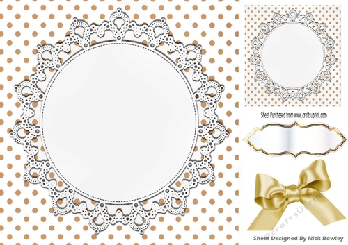 Lovely gold polkadot card front with circle of lace 8x8