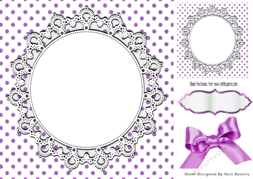 Lovely purple polkadot card front with circle of lace 8x8