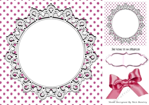 Lovely pink polkadot card front with circle of lace 8x8