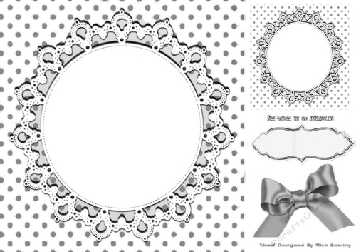 Lovely silver polkadot card front with circle of lace 8x8