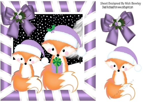 Cute pair of foxes in santa hats in purple stripe frame 8x8