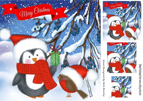 Cute penguin with robin in red santa hats 8x8 with pyramids